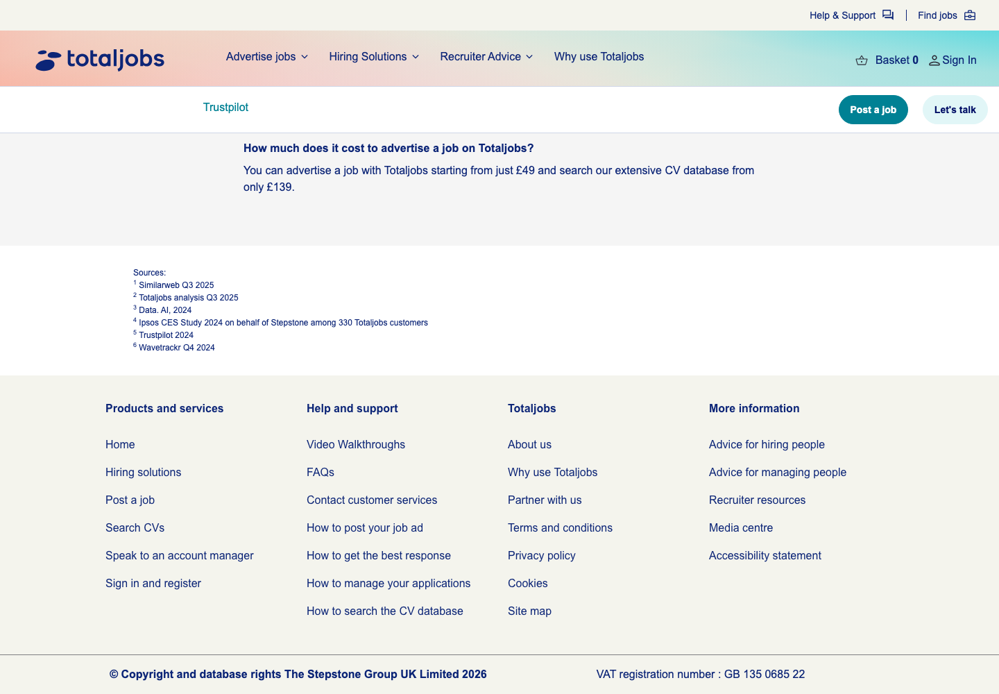 Totaljobs recruiter pricing page