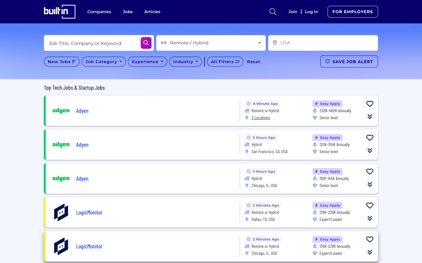 Built In technology and startup jobs search page