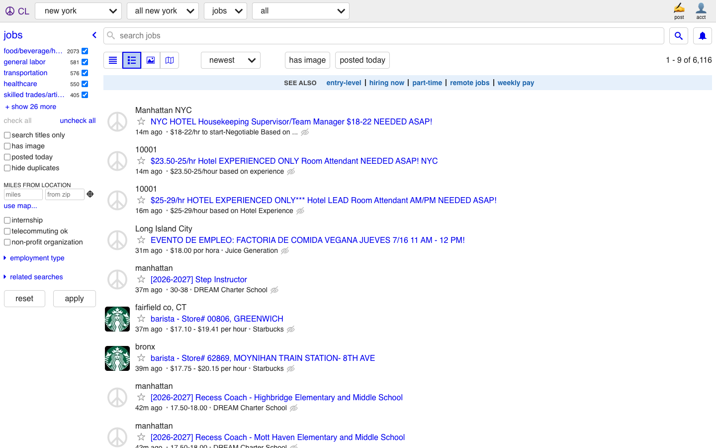Craigslist New York jobs listings page