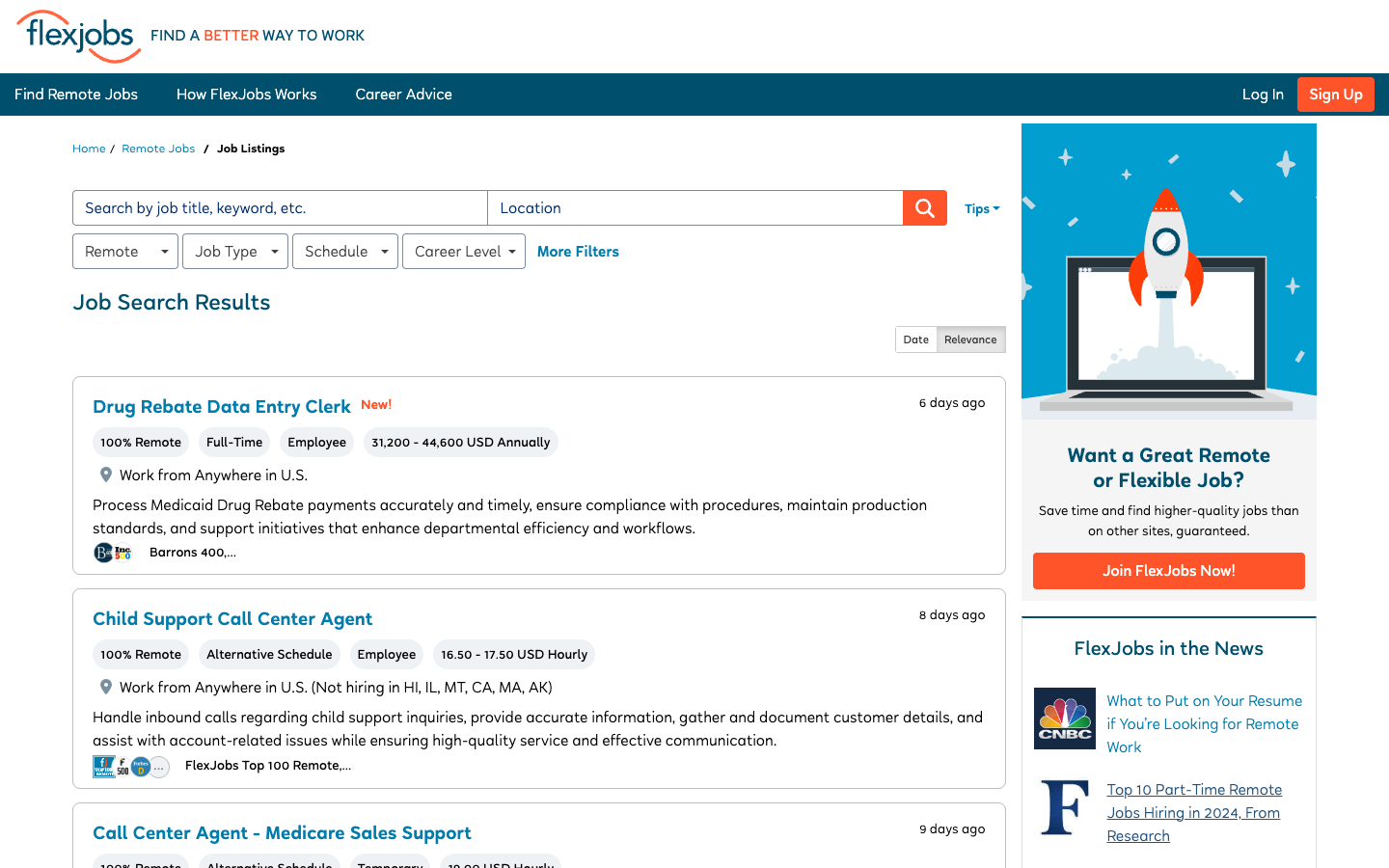 FlexJobs remote and flexible jobs search page