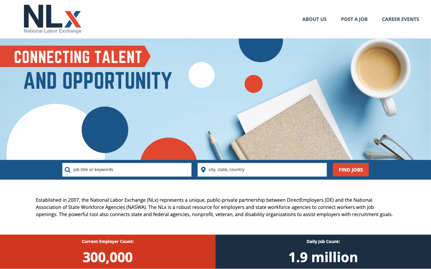 US National Labor Exchange homepage with employer and job search navigation