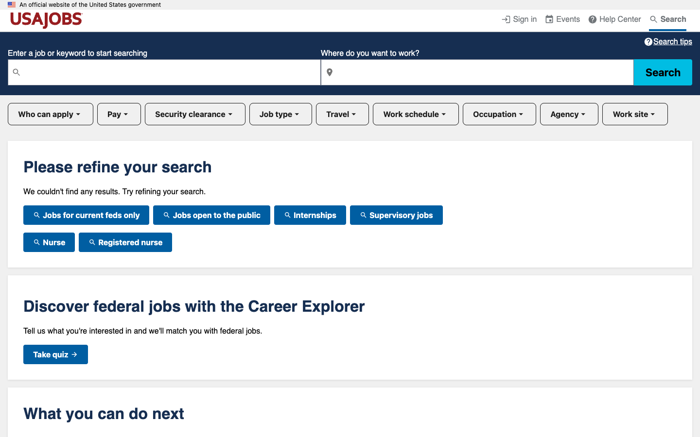 USAJOBS federal job search results page