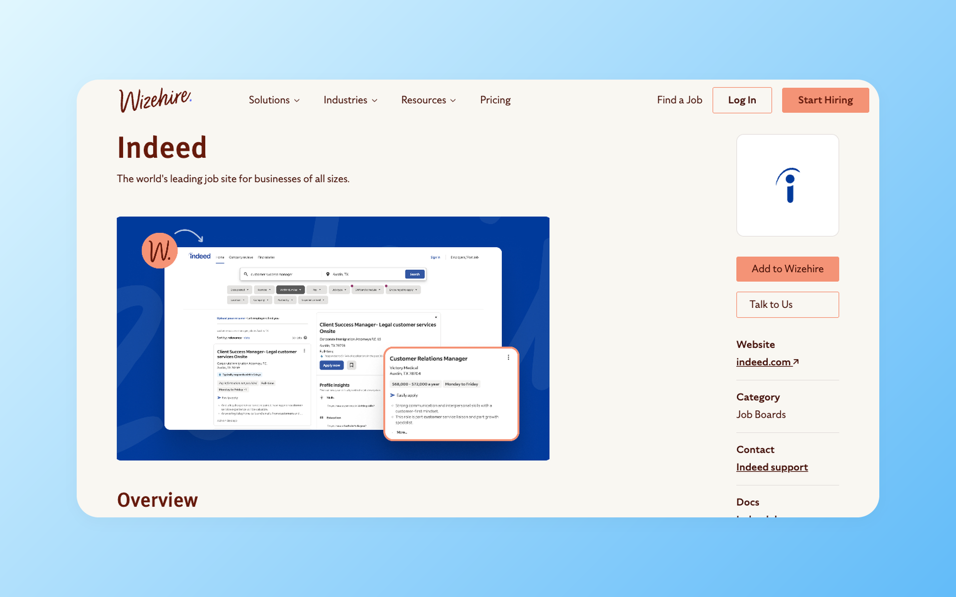 WizeHire Indeed integration page showing the job-board connection and ATS workflow