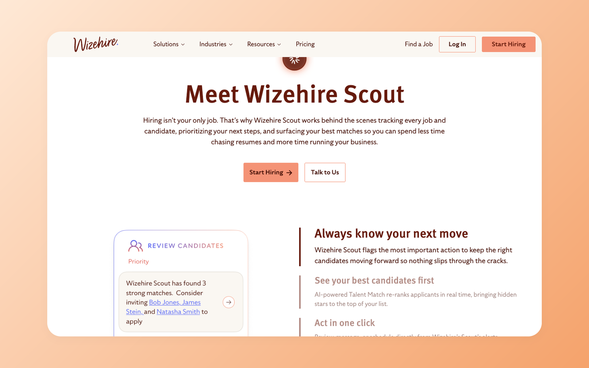 WizeHire Scout page showing candidate review recommendations and guided next actions