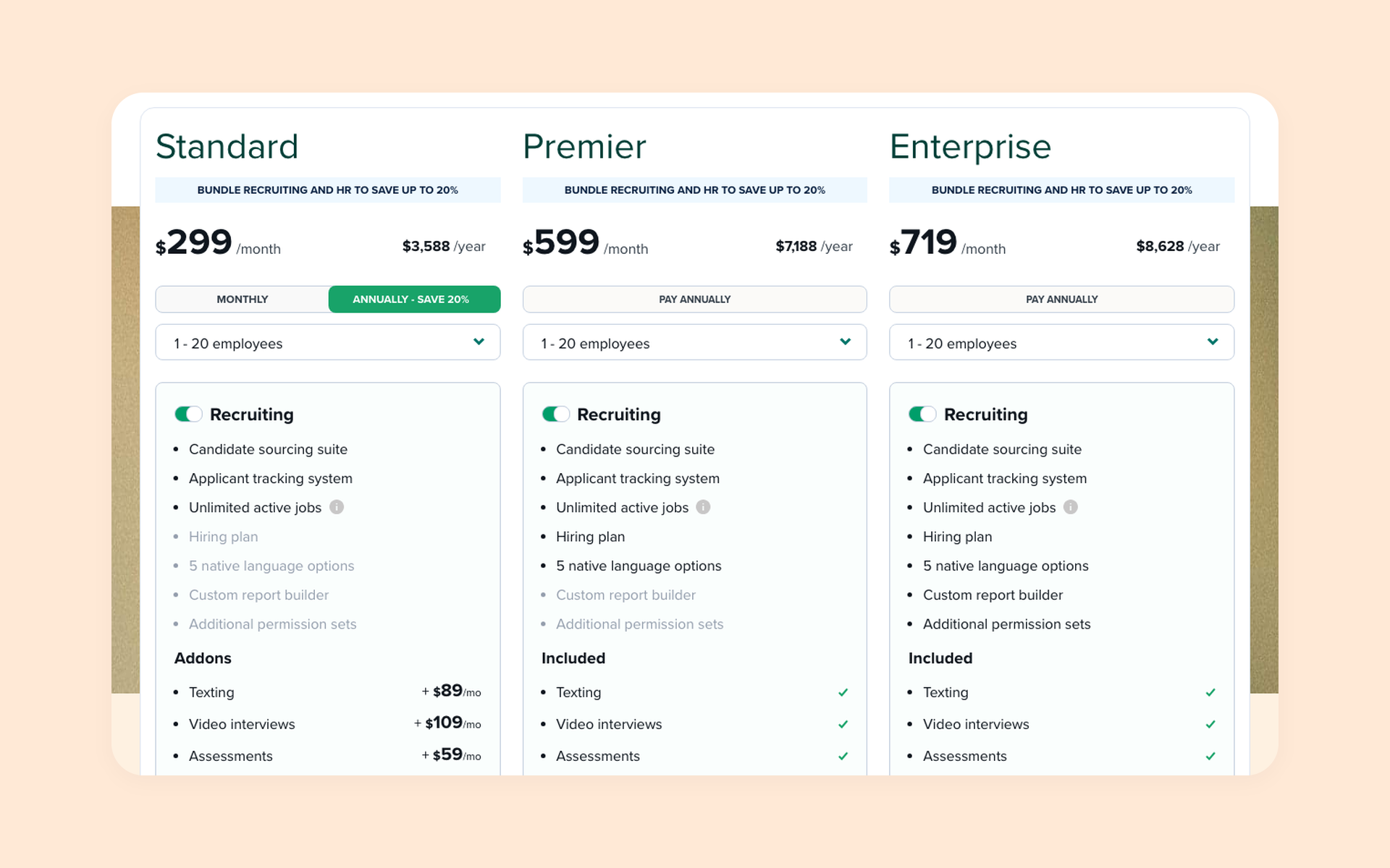Workable pricing showing Standard, Premier, and Enterprise plans for 1-20 employees