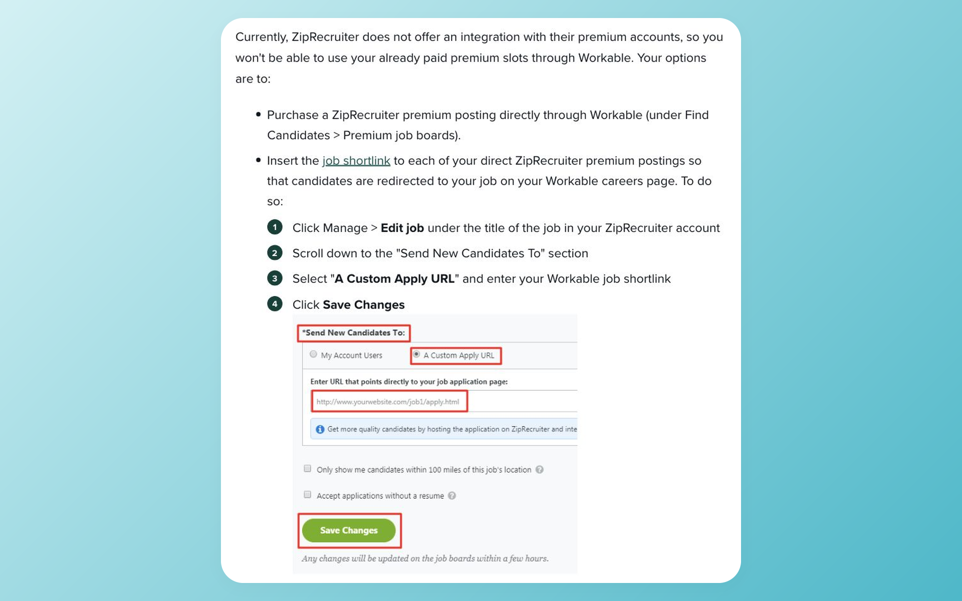 Workable help page showing the paid ZipRecruiter account boundary, premium-posting route, and Workable shortlink setup