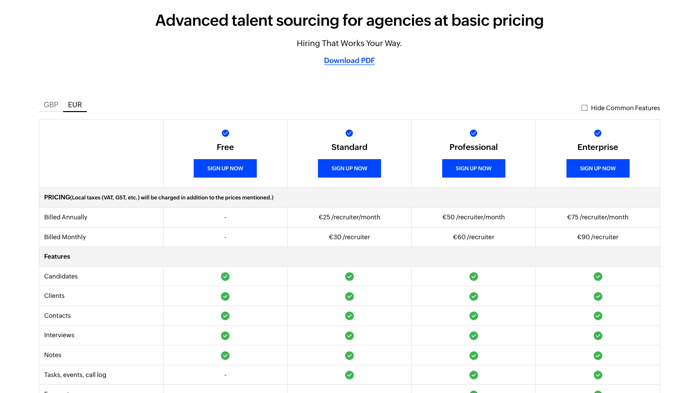 Zoho Recruit Staffing Agency plan table showing Free, Standard, Professional, and Enterprise tiers