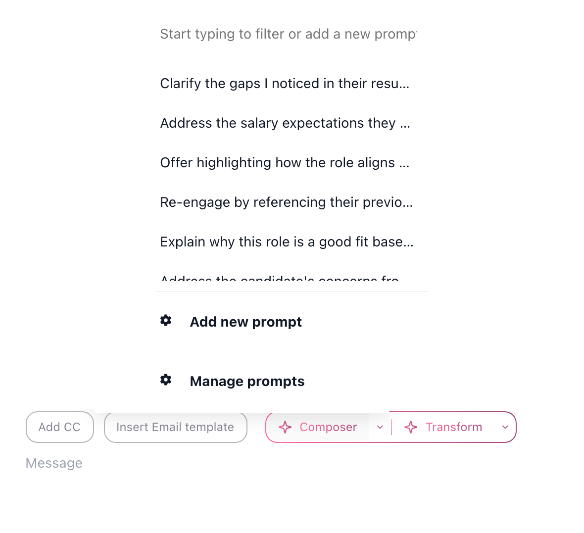AI Email Composer button opened, showing the saved-prompt picker dropdown