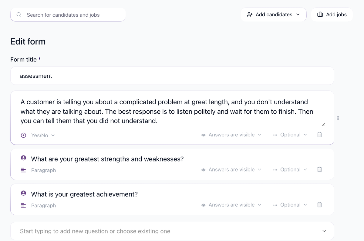 Application form question editor with knockout-style and paragraph questions