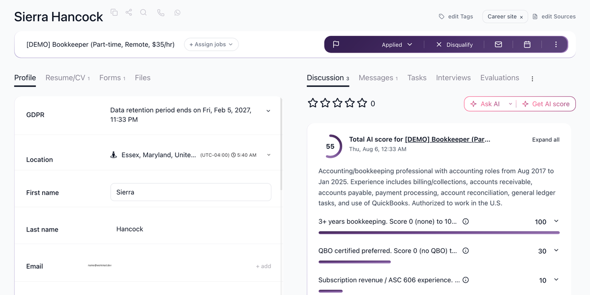 Candidate profile showing candidate details and activity