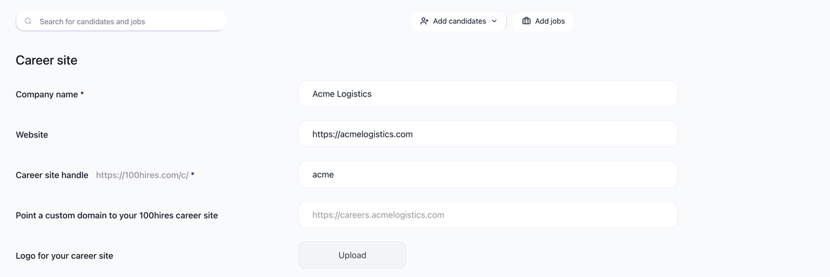 Career site settings in 100Hires with the Company name, Website, Career site handle, custom domain and Logo for your career site fields, and the Upload button next to the logo field