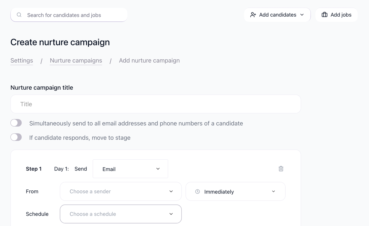 Create nurture campaign form with step configuration