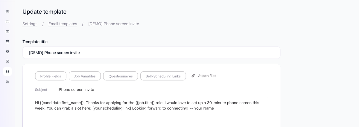 Email template editor with subject, body, and variable-insertion buttons