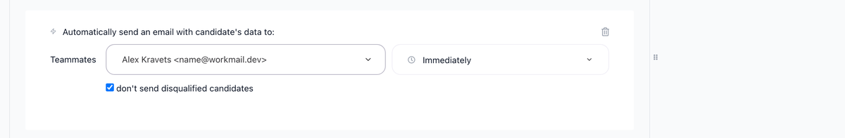 Email to a teammate automation configuration with recipient and timing