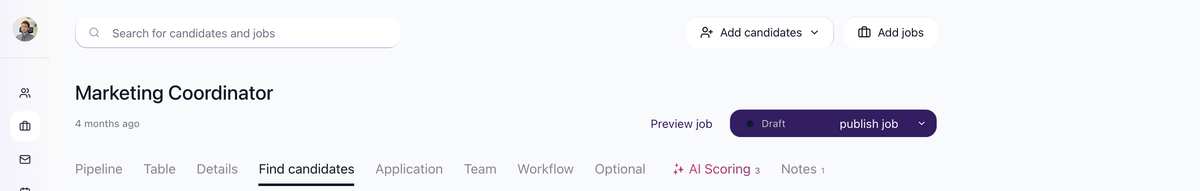 Find candidates tab selected on a job