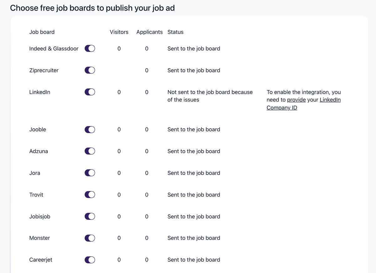 The job board list on a job's Find candidates tab, with Indeed and Glassdoor showing Sent to the job board, and LinkedIn showing Not sent to the job board because of the issues with the reason beside it