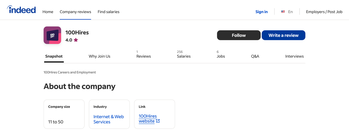 An Indeed Company Page, showing the company logo and rating next to the Snapshot, Why Join Us, Reviews, Salaries, Jobs and Q and A tabs, with no Unclaimed label under the company name