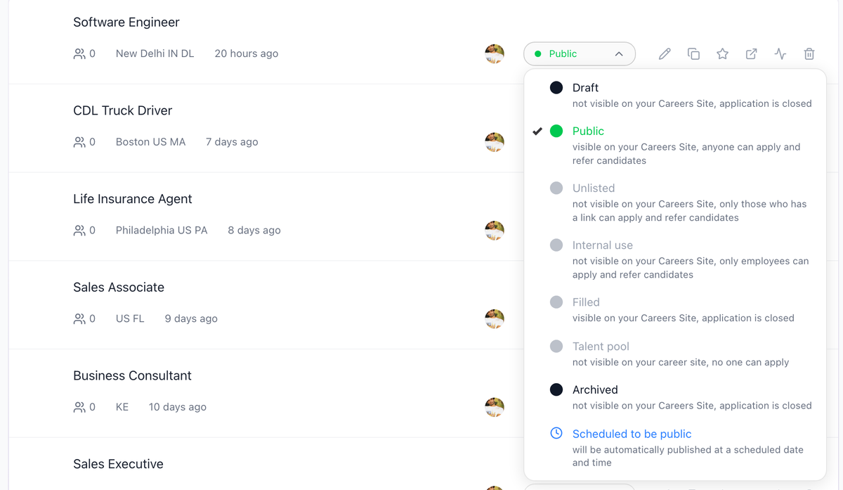Job status dropdown showing Archived and Filled options