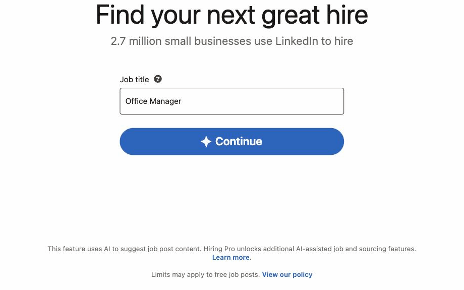 LinkedIn job posting flow: job title field with the AI Continue button and the free job post limits notice