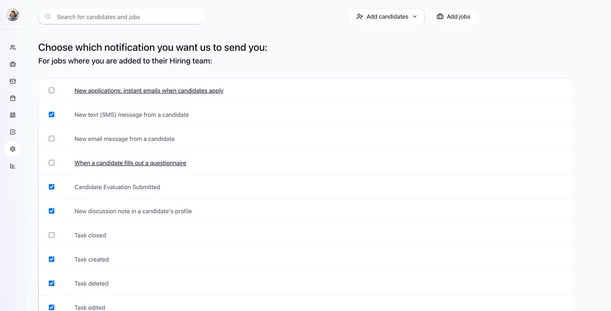 Settings > Notifications checklist for hiring-team jobs and all jobs