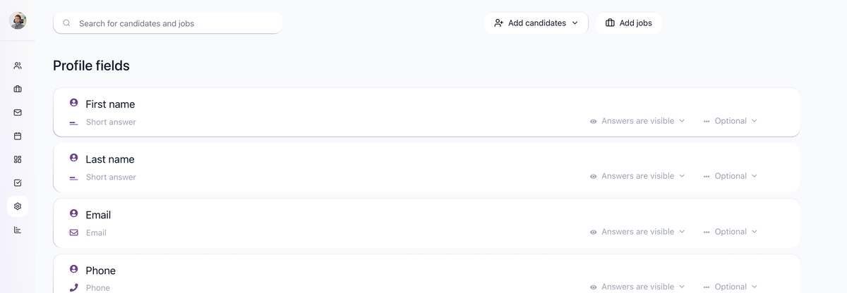 Settings > Profile Fields page showing fields the resume parser can populate