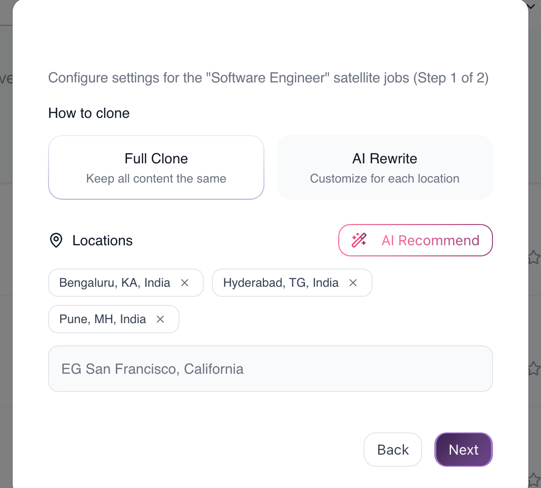 Satellite job locations with AI Recommend - the core multi-location franchise feature