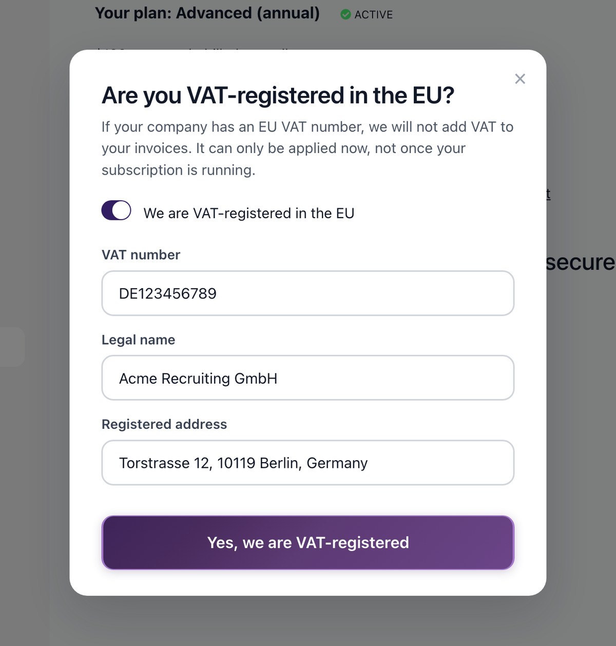 Window asking for your VAT number before checkout