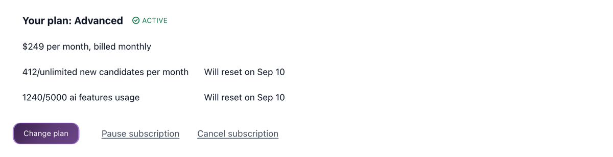 Billing page with Pause subscription and Cancel subscription links under the plan