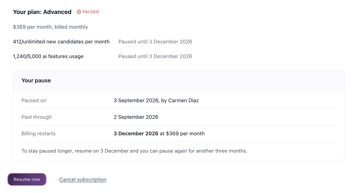 Billing page while paused: PAUSED badge, Paused until dates and the Your pause summary