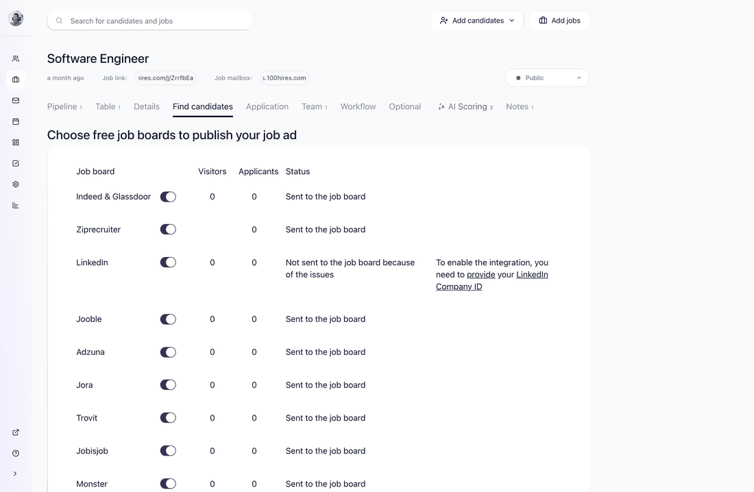 Find candidates tab showing the Indeed and Glassdoor toggle enabled with the status Sent to the job board