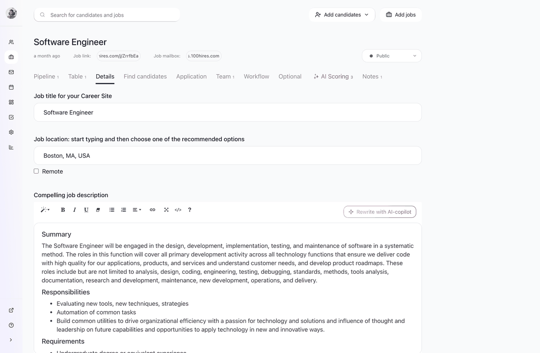 Job Details tab in 100Hires with the job title, city location and description fields filled in