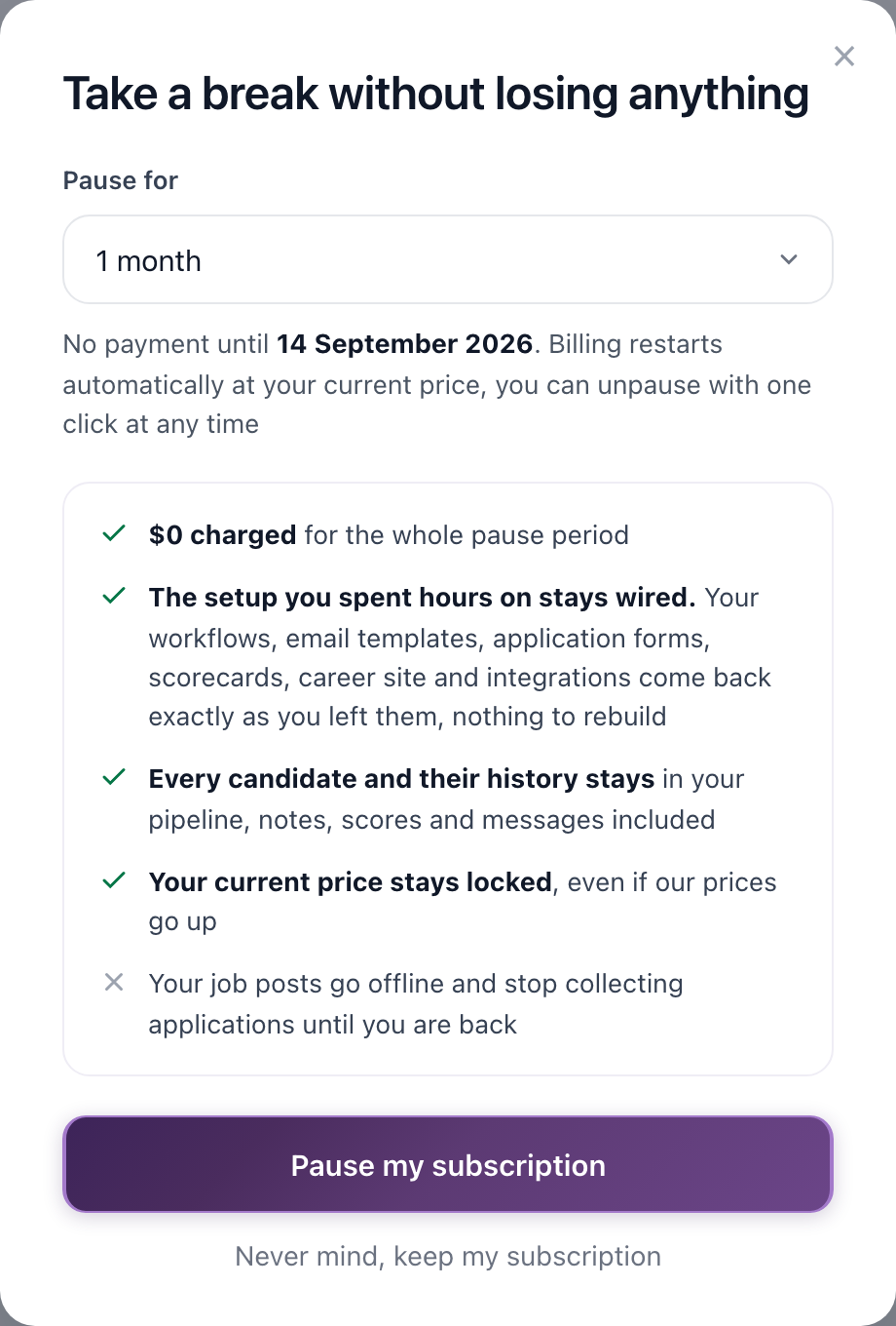 Pause subscription dialog with a 1, 2 or 3 month selector and the date billing restarts