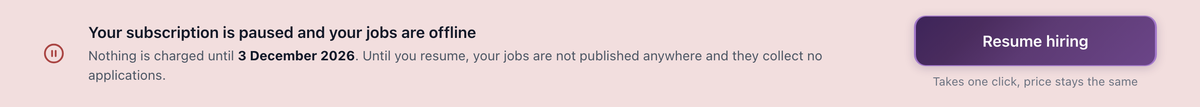 Banner across the account: subscription paused, jobs offline, Resume hiring button