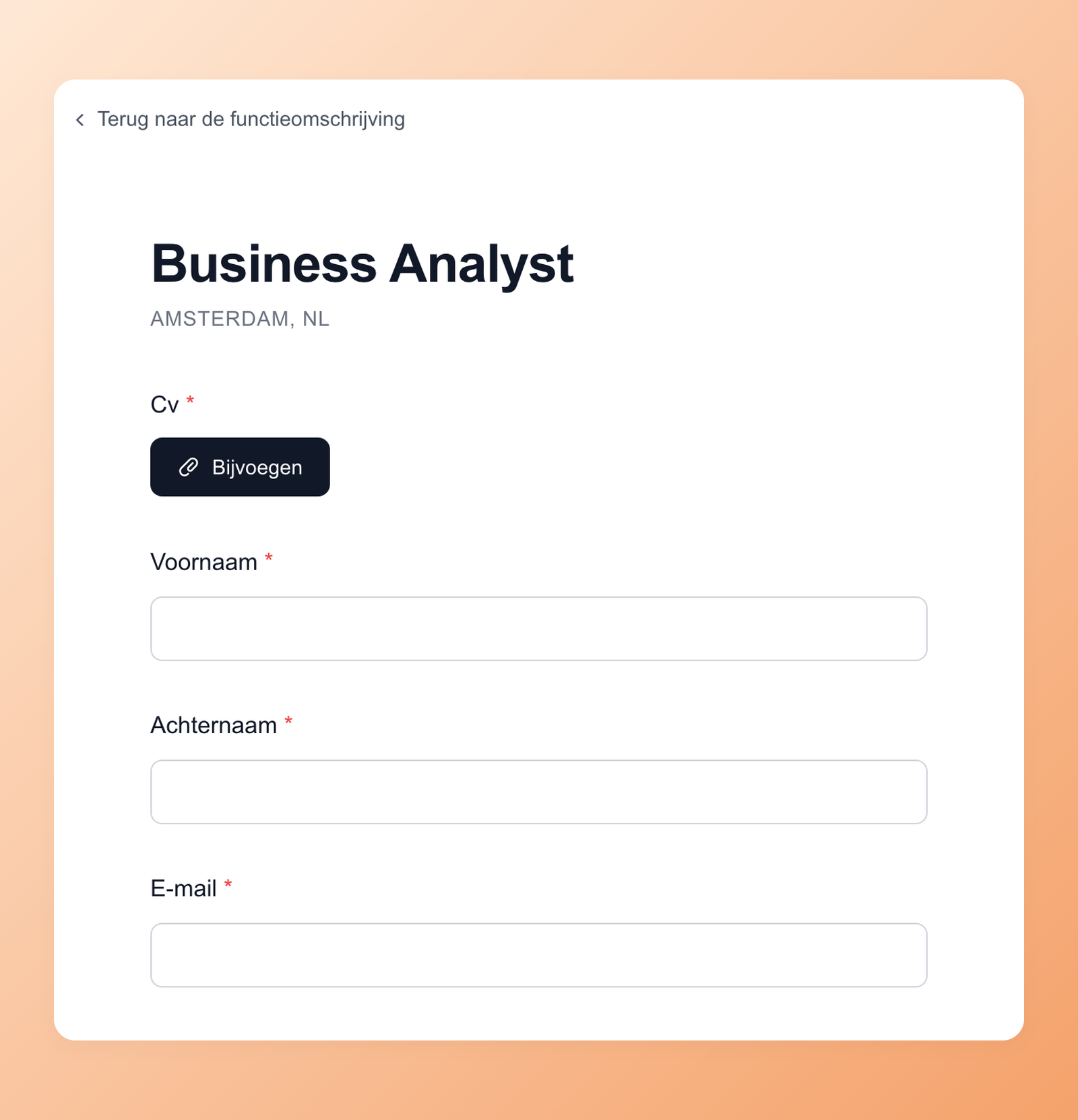 100Hires application form for a job in Amsterdam displayed in Dutch