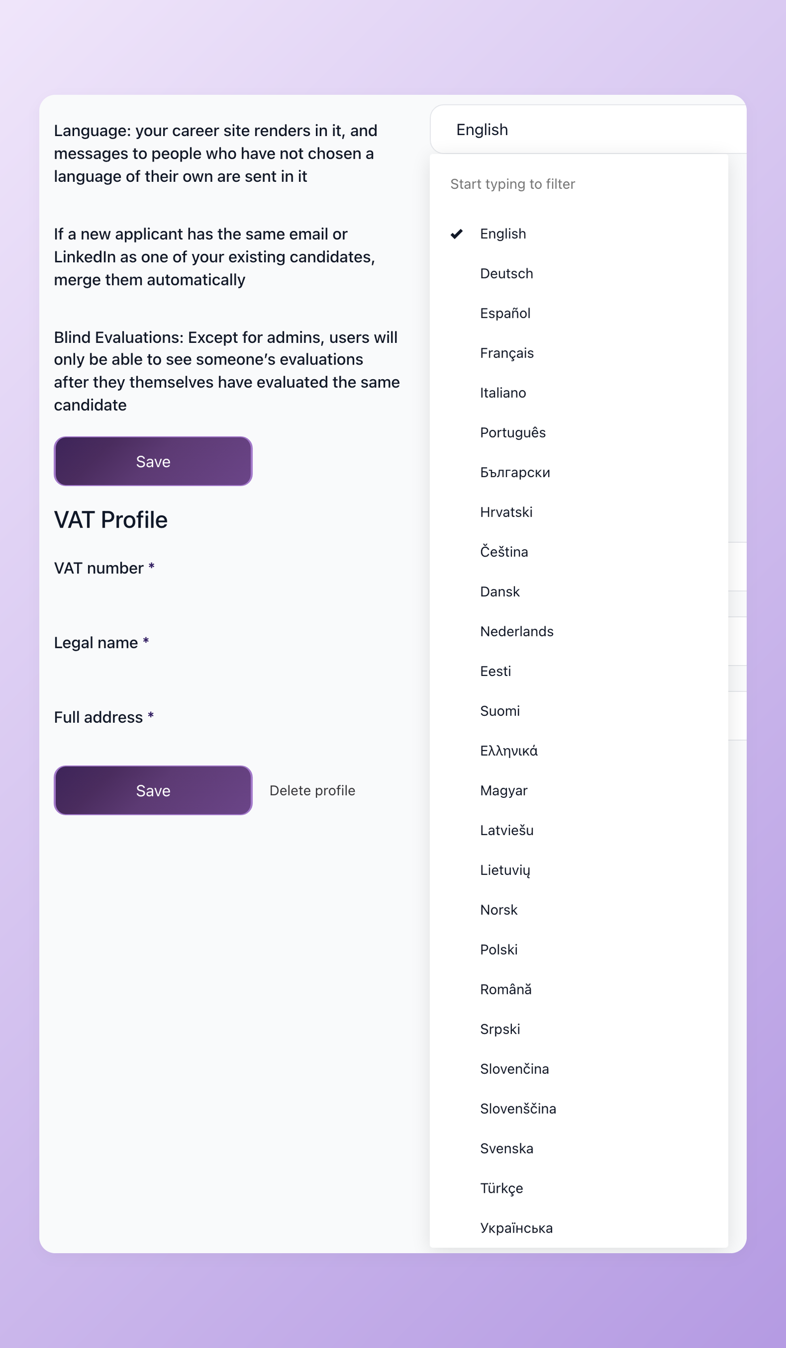 Language setting in 100Hires company settings with the list of 26 available languages