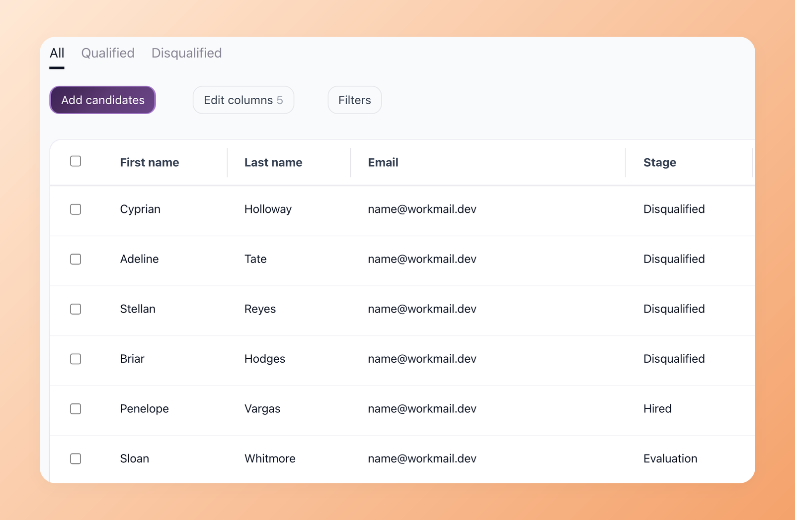 100Hires candidates table for a job with stages and AI scores