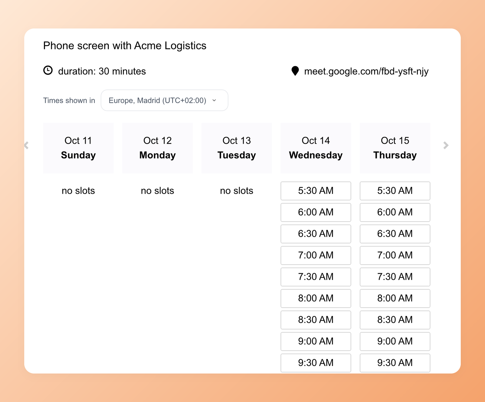 Candidate booking page for a 100Hires self-scheduling link with available interview slots by day