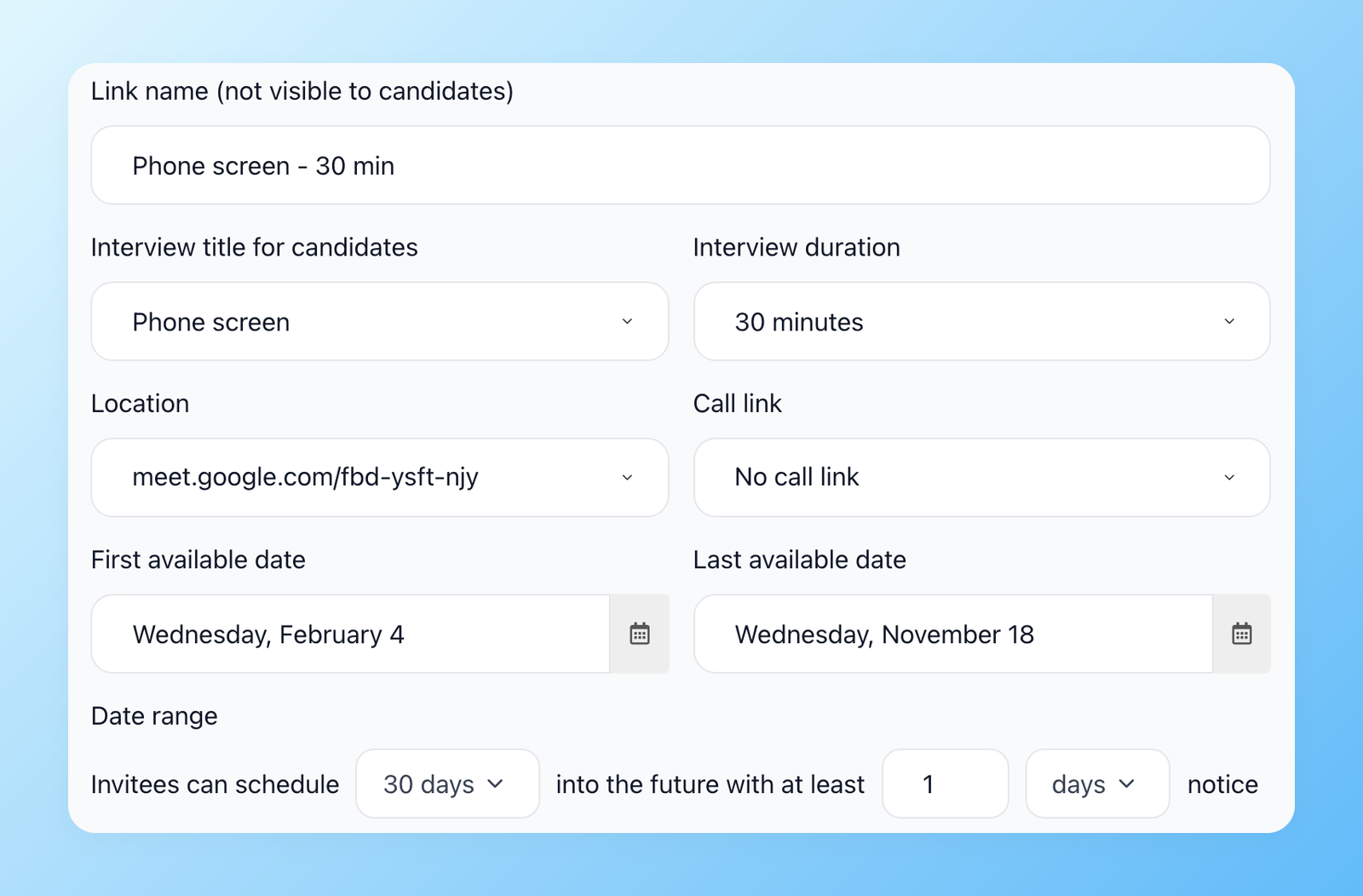 Self-scheduling link form in 100Hires with interview title, duration, location, call link, first and last available date and notice period