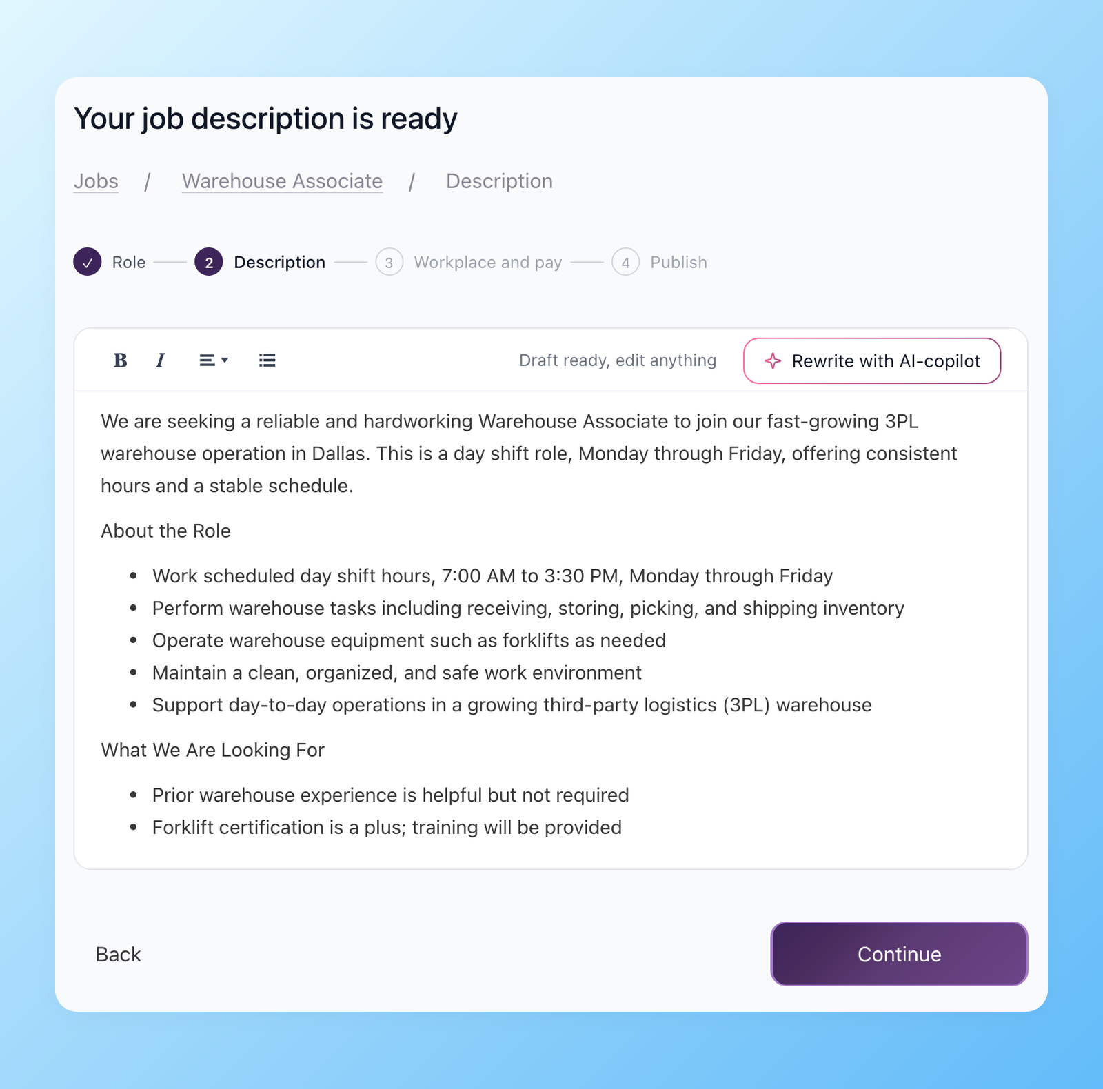 AI-generated job description for a Warehouse Associate in the 100Hires job wizard editor
