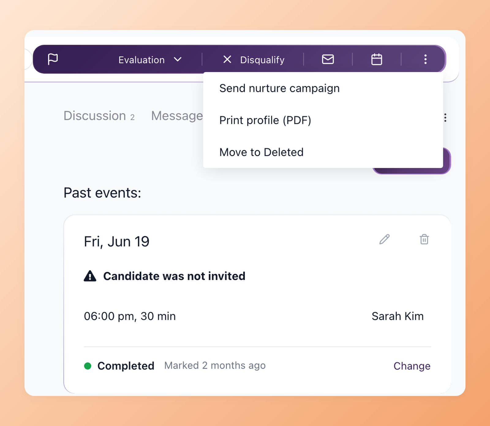 Candidate profile menu in 100Hires with the Print profile (PDF) option