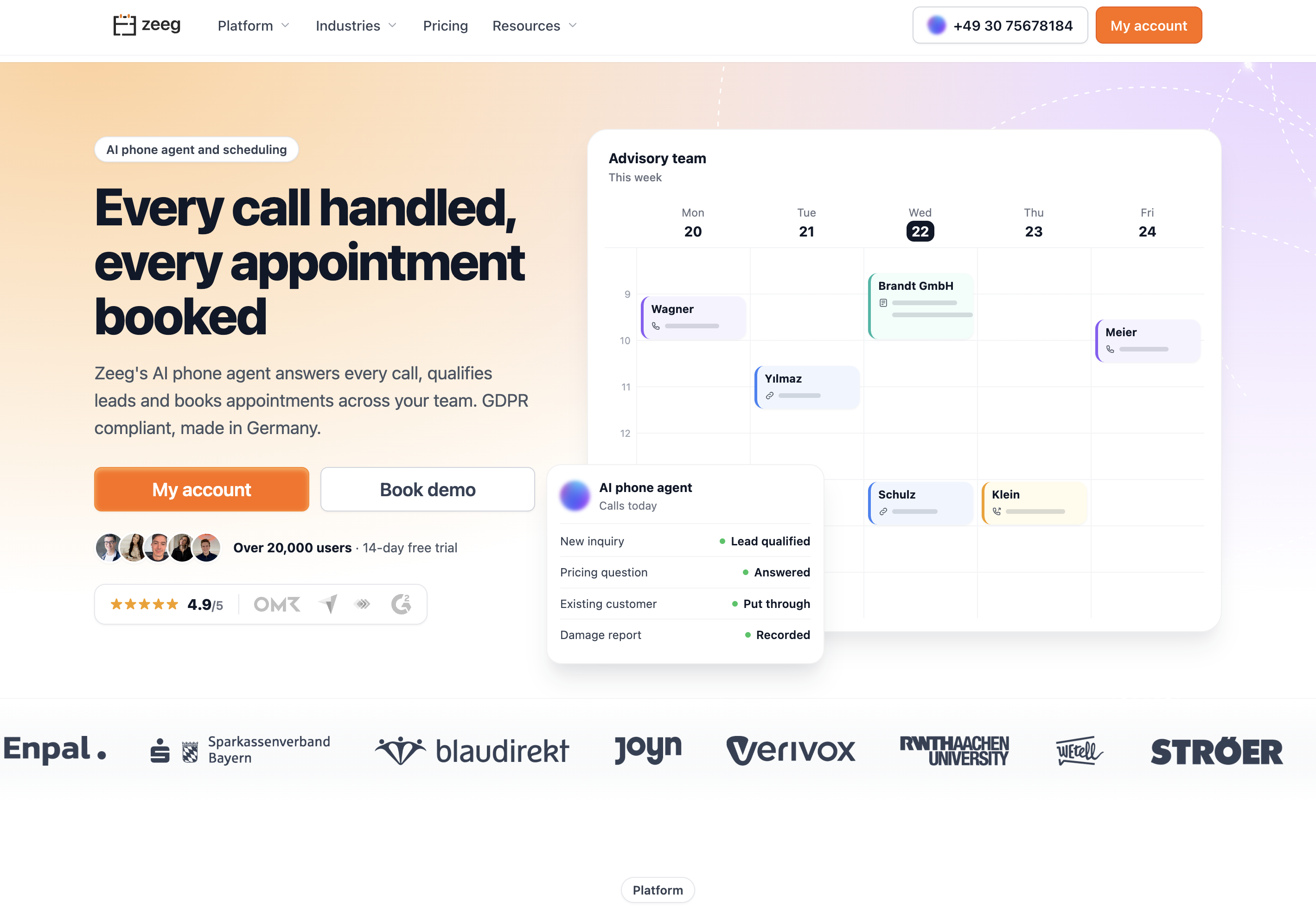 Zeeg homepage highlighting its AI phone agent and scheduling platform