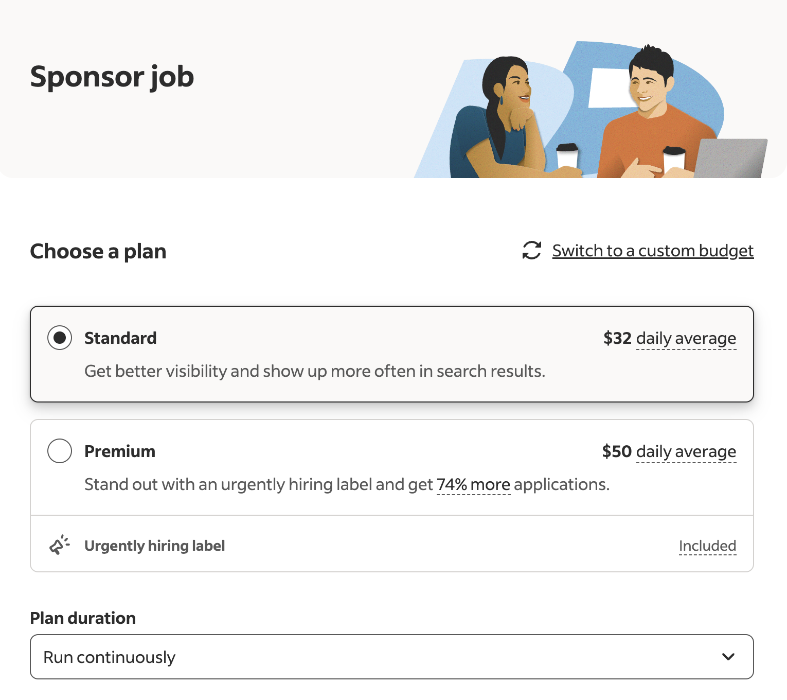 Indeed Sponsor job screen from early 2025 showing Standard and Premium plans with suggested daily average budgets