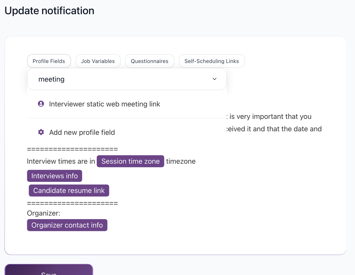 Update notification editor with the Interviewer static web meeting link variable